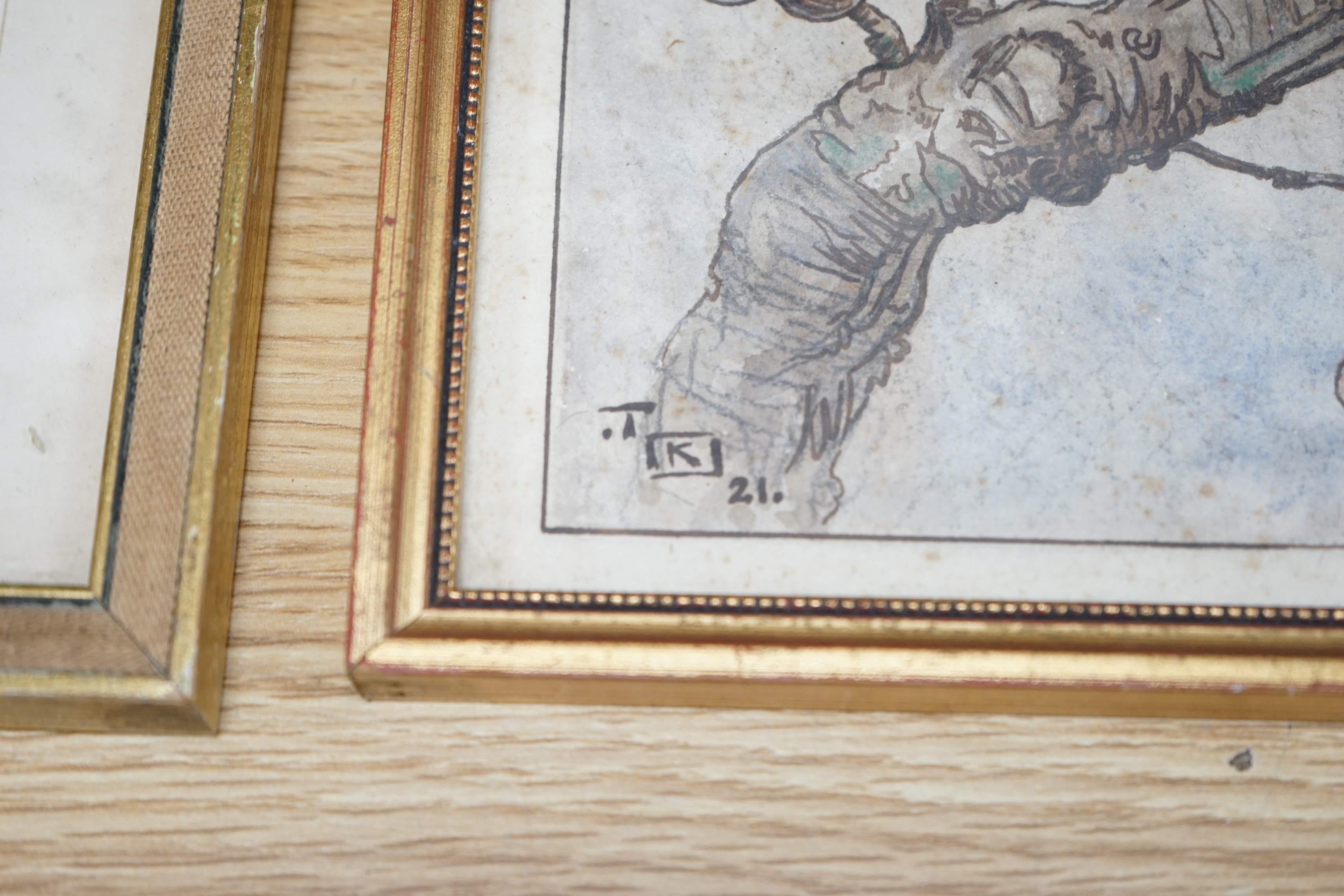 Talbot Kelly (1896-1971), watercolour, Birds on a branch, monogrammed and dated ‘21, together with a similar example, unsigned, largest 20 x 17cm. Condition - poor